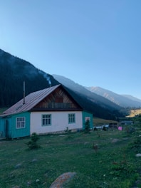 A rustic mountain villa surrounded by pine trees with smoke gently rising from a pellet stove chimney.