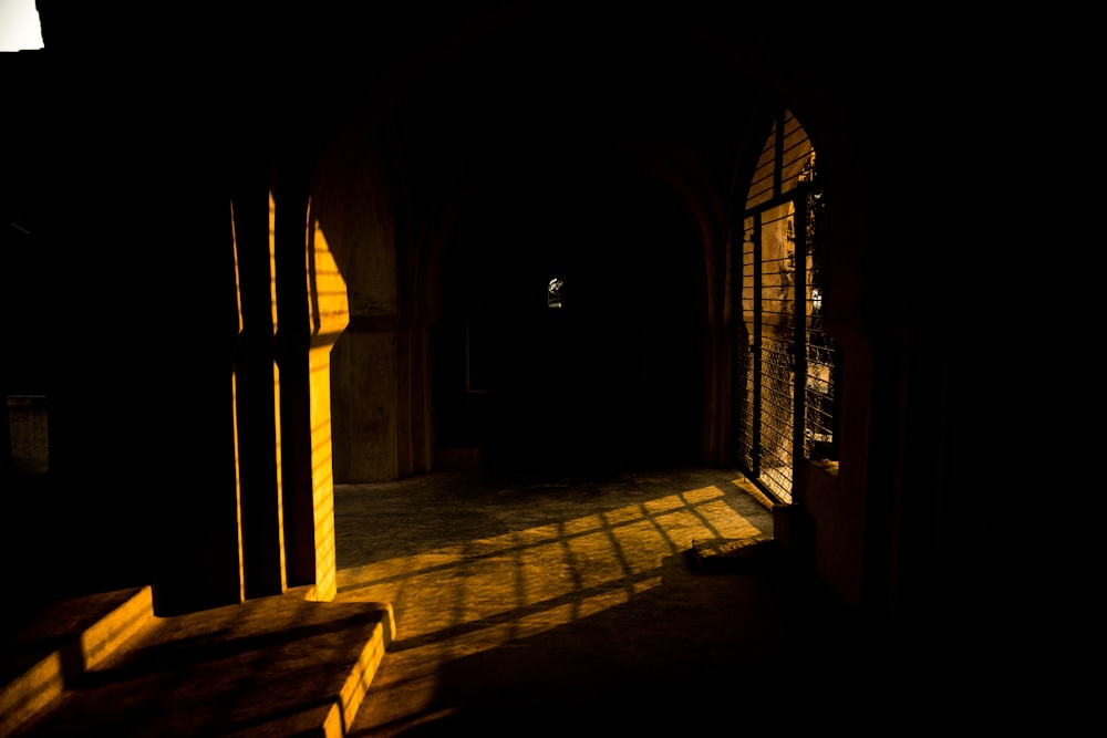 brown and black hallway with brown wooden doors