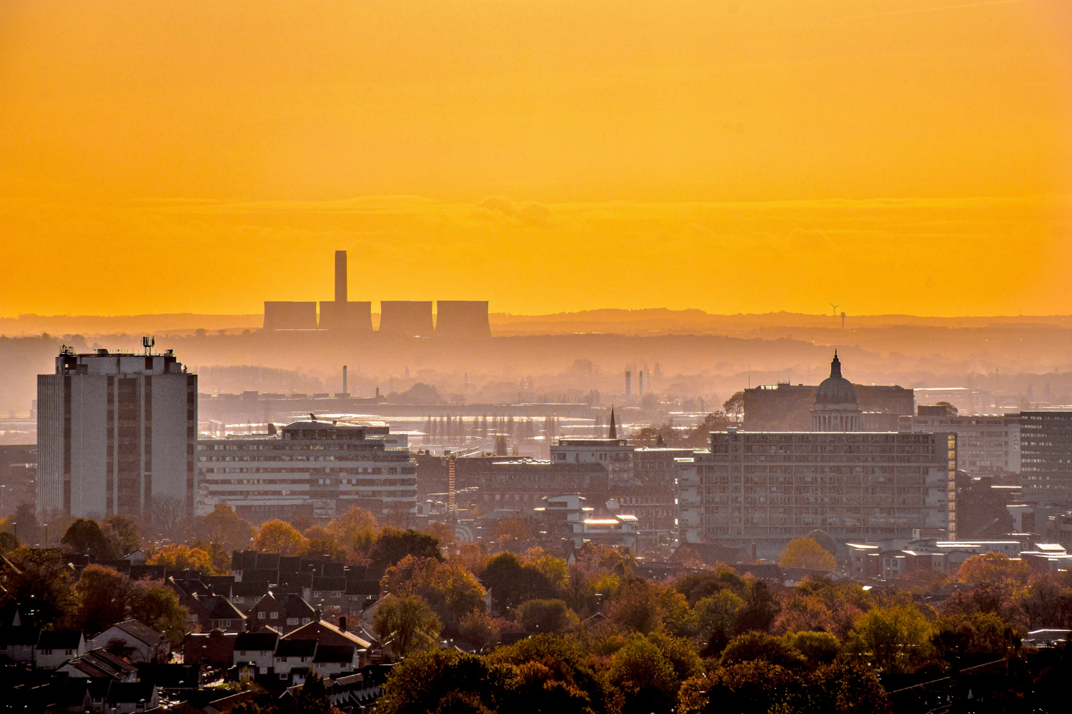 Nottingham city skyline at sunset