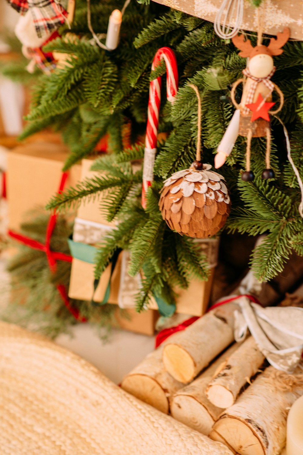 brown and white christmas baubles