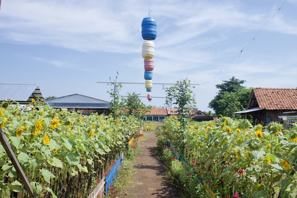 blue and white striped tower near green plants under white clouds and blue sky during daytime