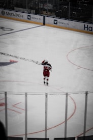 A lone hockey player in red gear is standing on an ice rink, holding a hockey stick. The surrounding area is enclosed with protective netting and boards displaying advertisements in Russian.
