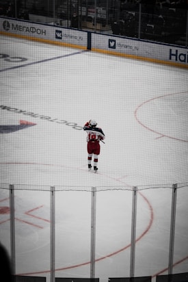 A lone hockey player in red gear is standing on an ice rink, holding a hockey stick. The surrounding area is enclosed with protective netting and boards displaying advertisements in Russian.