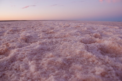 A vast expanse of pink salt crystals stretches out under a dusky sky. The surface is uneven and has a textured appearance, reminiscent of a frozen landscape. The horizon is barely visible in the distance, with soft hues of orange and pink coloring the sky.