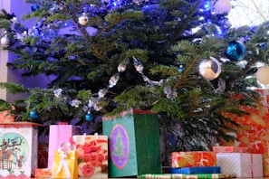 A Christmas tree decorated with lights and ornaments, with wrapped gifts wearing festive clothing nearby.