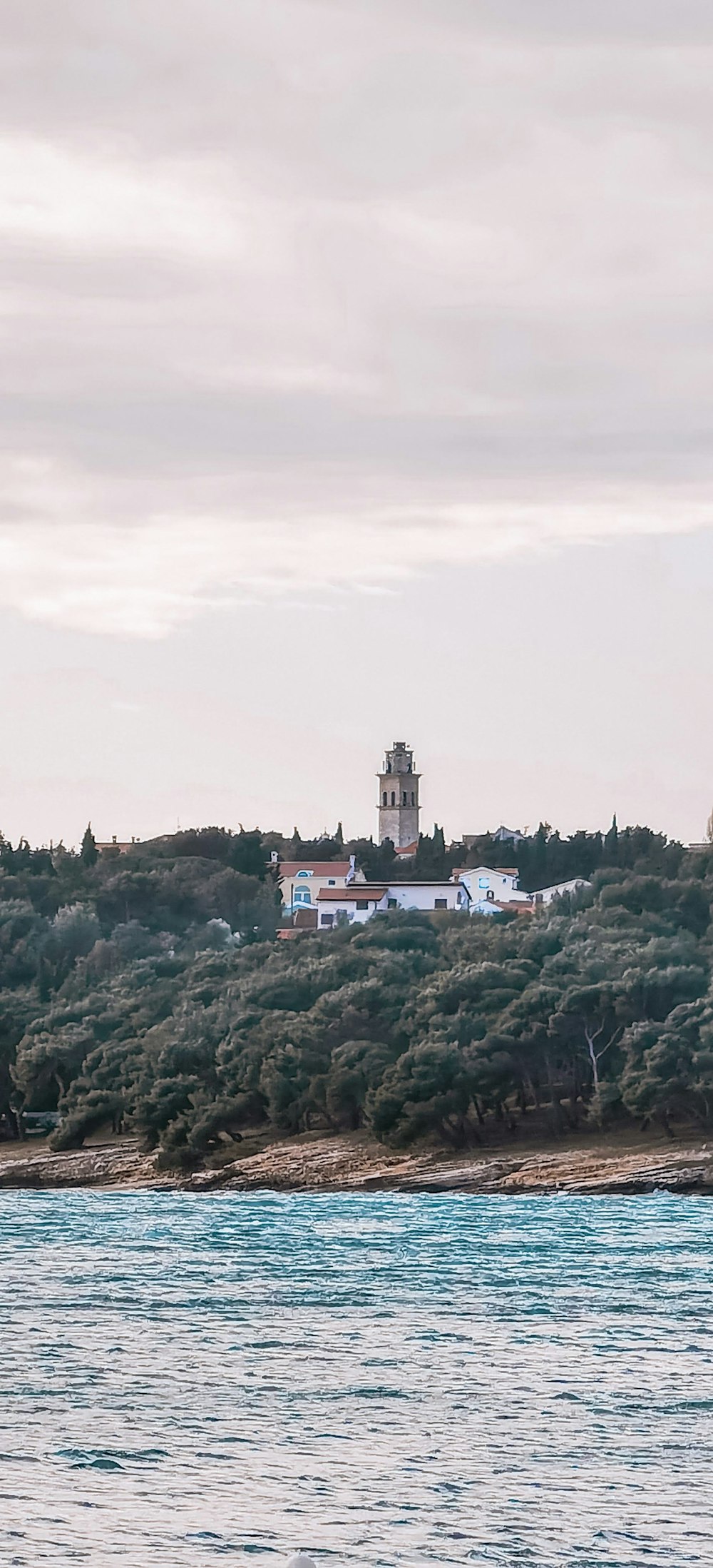 edificio in cemento bianco e marrone circondato da alberi verdi sotto il cielo bianco durante il giorno