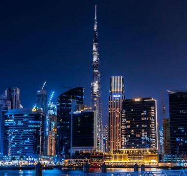 city skyline during night time