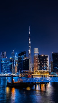 city skyline during night time