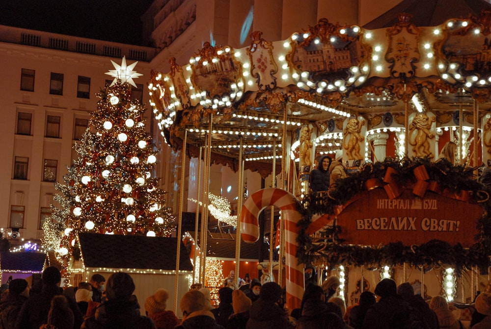 people standing near lighted christmas tree during night time