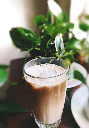 Artistic shot of iced coffee with condensation droplets, surrounded by green cedar leaves.