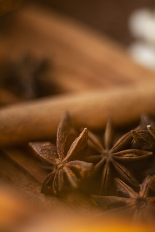 A close-up of aromatic star anise and bay leaves arranged beautifully.