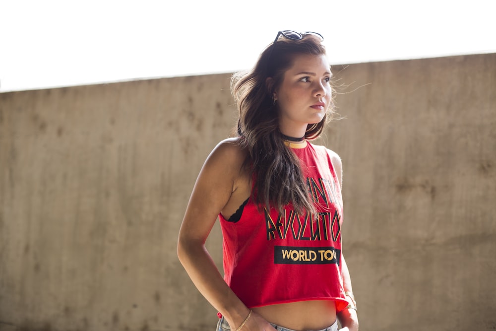 woman in red and white tank top