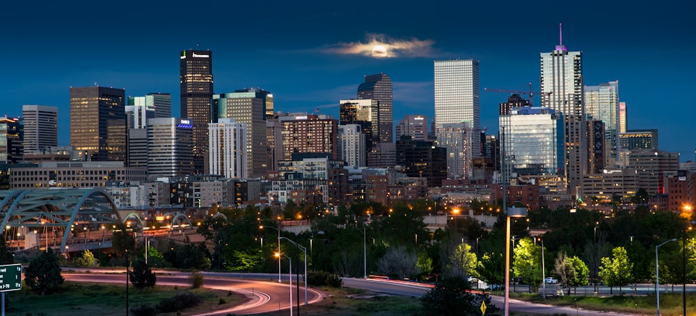 city skyline during night time