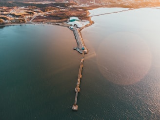 An aerial view of a long pier extending into a large body of water with a facility or building located at the shoreline. The surrounding area includes some greenery and infrastructure, indicating a coastal or industrial setting.