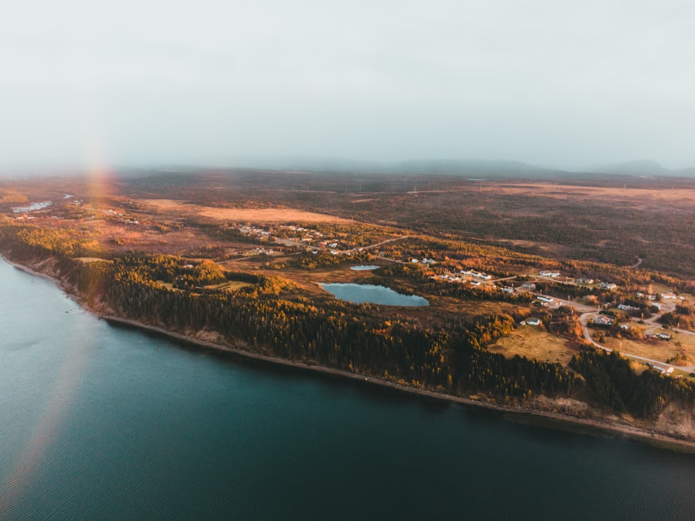 aerial view of brown and green mountains beside body of water during daytime