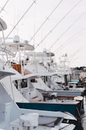 A row of luxury fishing boats or yachts docked at a marina, displaying white hulls and multiple fishing poles extending upwards. The scene shows a busy harbor setting with clear skies.