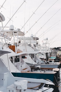 A row of luxury fishing boats or yachts docked at a marina, displaying white hulls and multiple fishing poles extending upwards. The scene shows a busy harbor setting with clear skies.