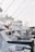 A row of luxury fishing boats or yachts docked at a marina, displaying white hulls and multiple fishing poles extending upwards. The scene shows a busy harbor setting with clear skies.