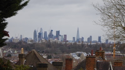 The London skyline glimpsed beyond a cleanly cleared urban lot.