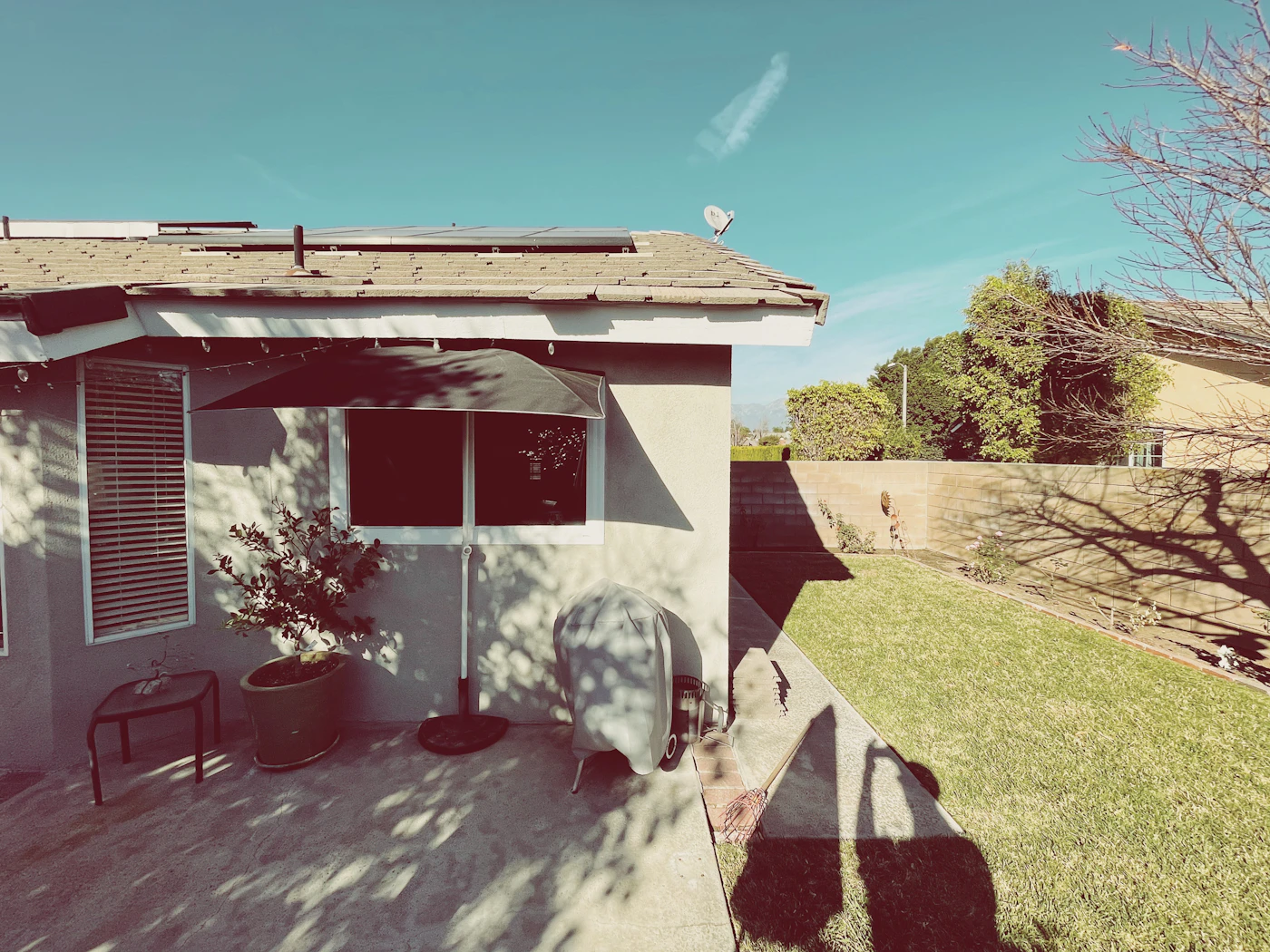 Modern white and brown house exterior near green trees under blue sky
