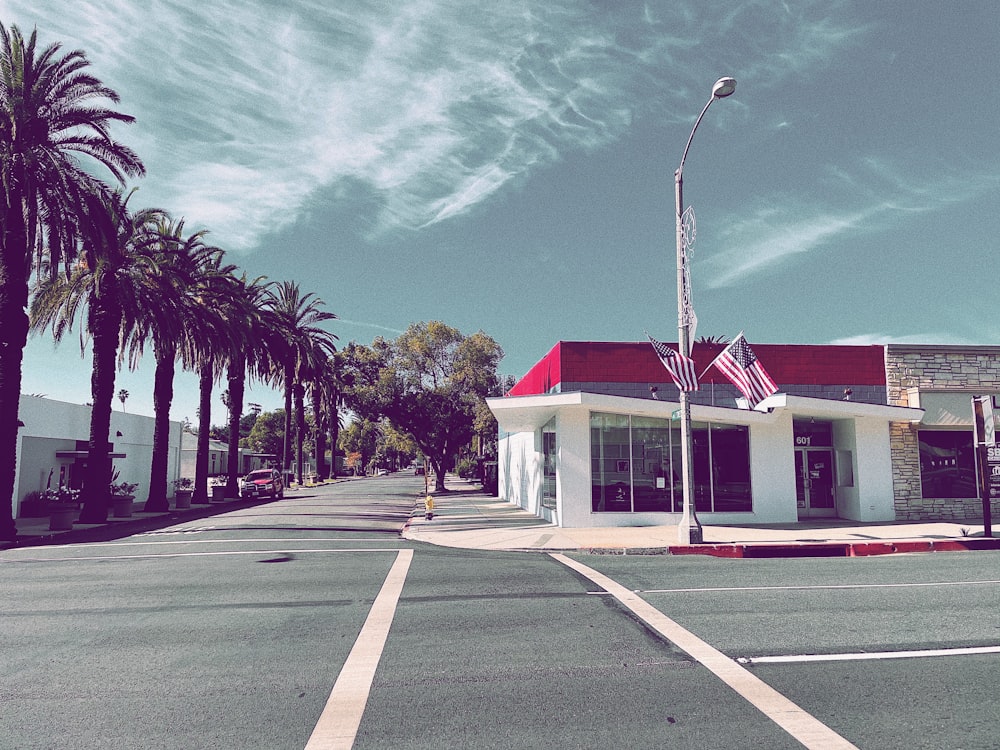 white and red house near green palm trees under blue sky during daytime