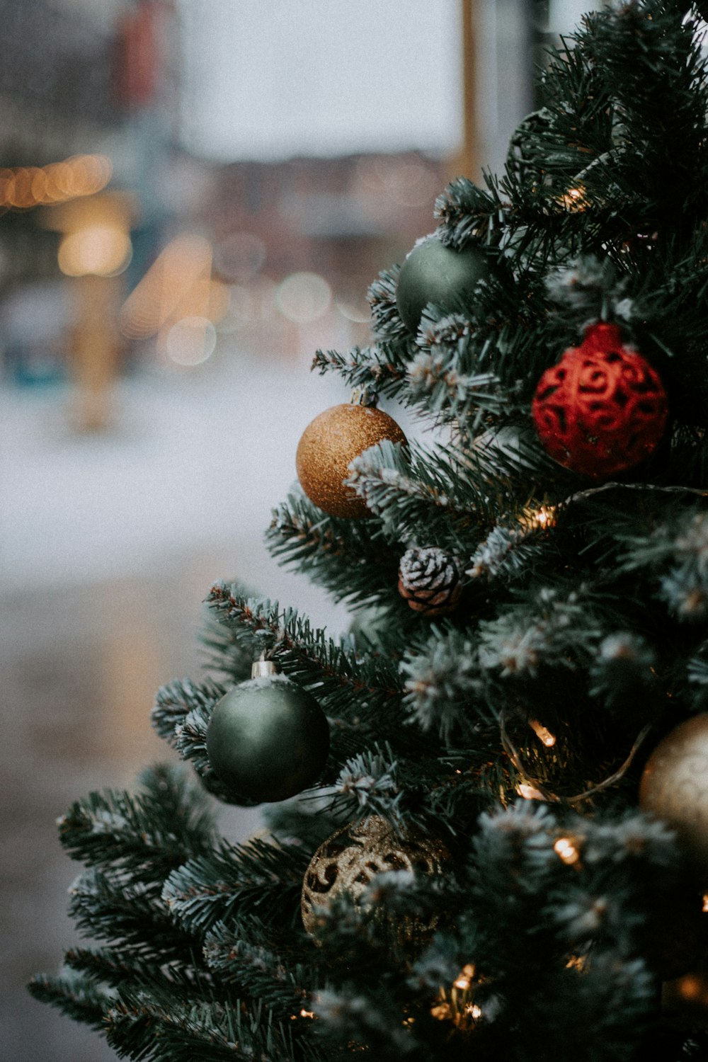 green christmas tree with baubles