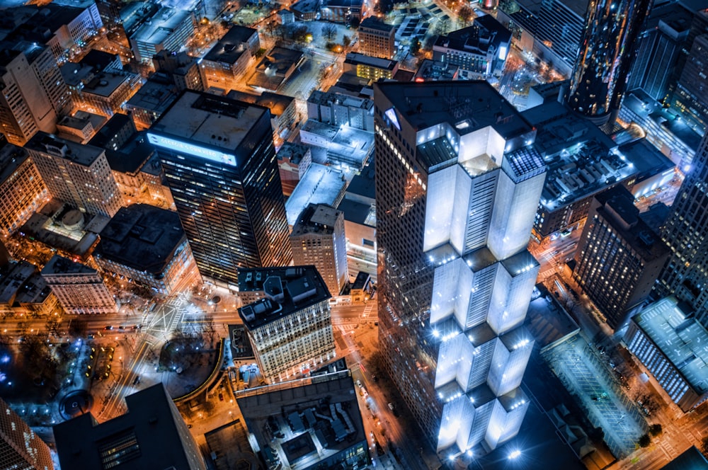 aerial view of city buildings during night time