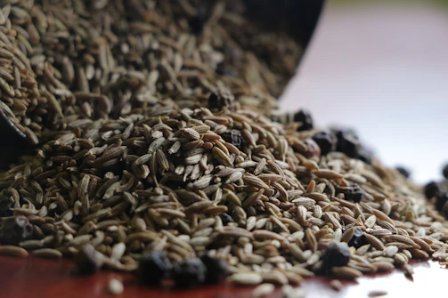Fresh cumin seeds and black peppercorns spilling from a burlap sack