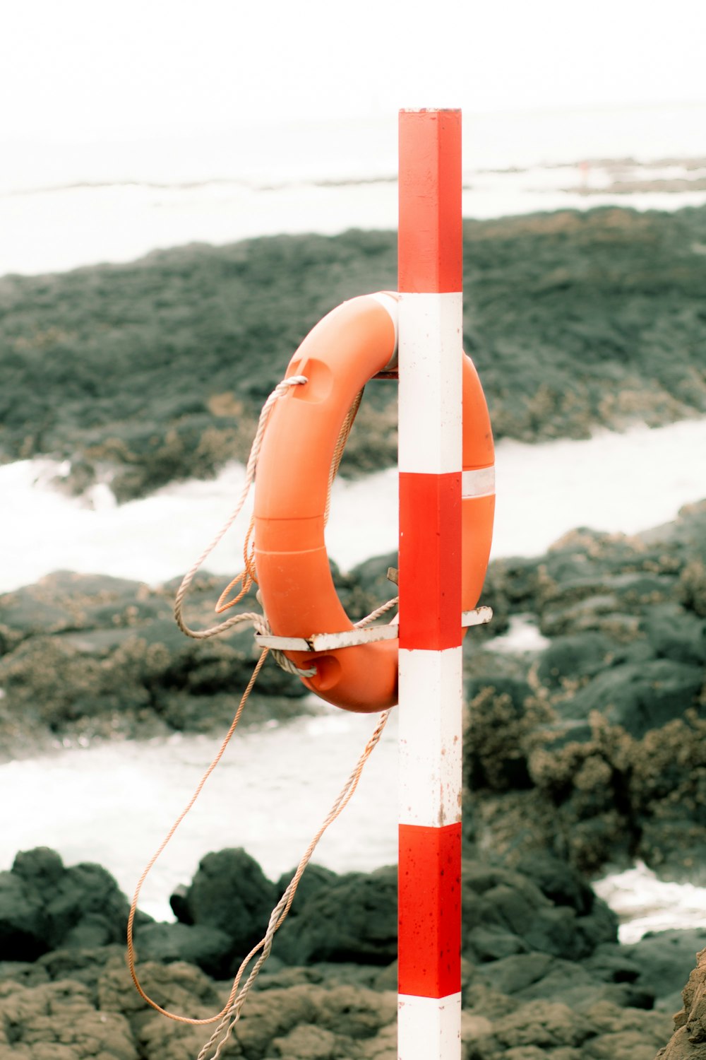 orange and white rope on brown wooden post
