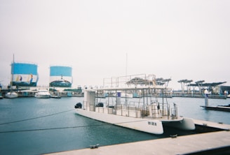 A calm waterfront scene features a large, empty white catamaran docked on the water. In the background, two large blue storage tanks are visible, adorned with murals of a sailboat and a lighthouse. Several smaller boats are moored alongside the pier. Further along the waterfront, uniquely designed tree-like structures can be seen, giving the area an urban, nautical aesthetic.