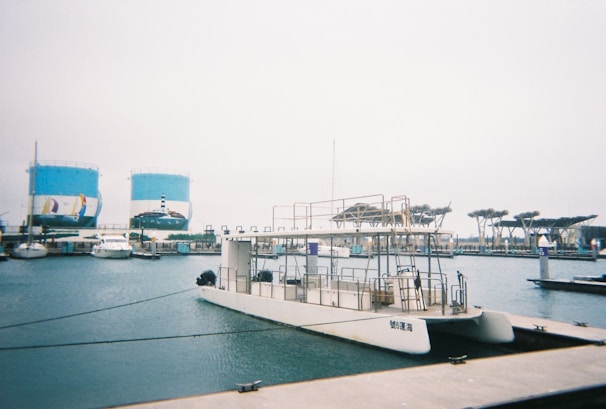 A calm waterfront scene features a large, empty white catamaran docked on the water. In the background, two large blue storage tanks are visible, adorned with murals of a sailboat and a lighthouse. Several smaller boats are moored alongside the pier. Further along the waterfront, uniquely designed tree-like structures can be seen, giving the area an urban, nautical aesthetic.