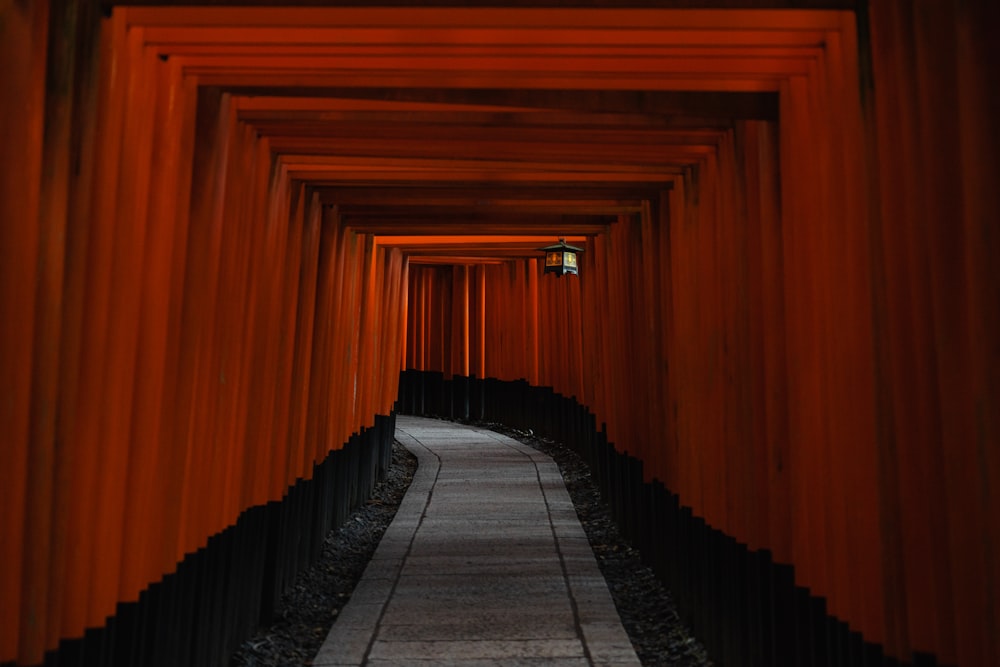 brown and black tunnel with orange curtain