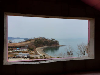A friendly technician cleaning a large window with a scenic Santa Cruz beach view in the background.
