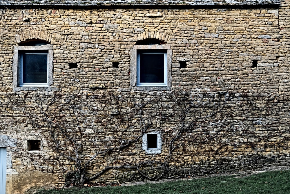 brown brick wall with white window frame