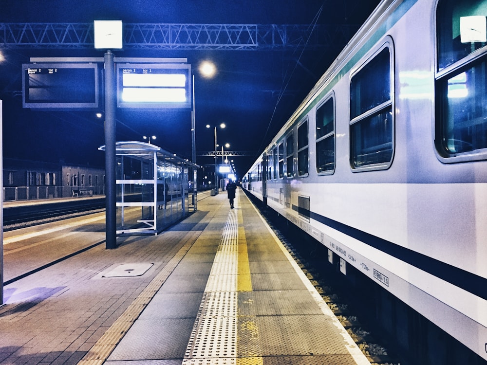 white and black train in train station