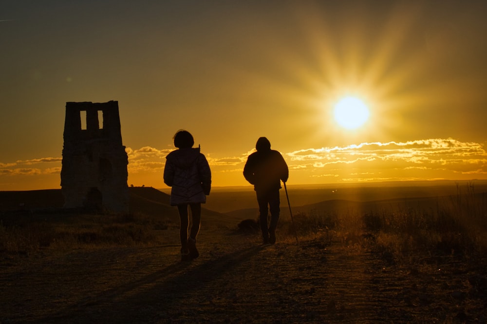 silhouette of 2 person standing on seashore during sunset