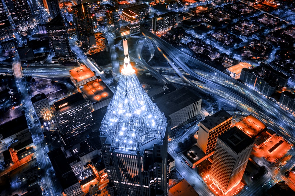 aerial view of city buildings during night time