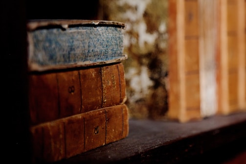 A close-up of a stack of old books with worn spines and faded colors. The books are resting on a wooden shelf, with a textured background and some out-of-focus spines in the distance.