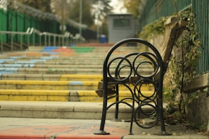 A series of colorful steps leading upward in an outdoor setting, bordered by metal railings and a green fence. A unique metal bench with circular patterns is positioned in the foreground, set against a backdrop of trees and foliage.