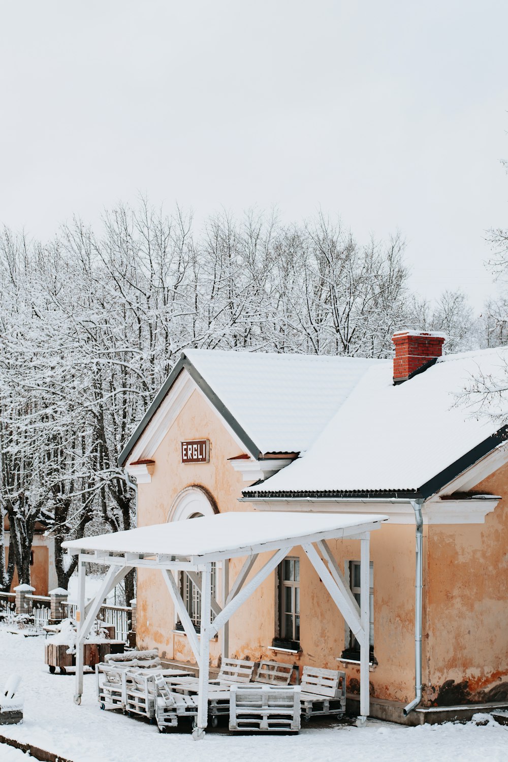 brown and white wooden house near bare trees during daytime