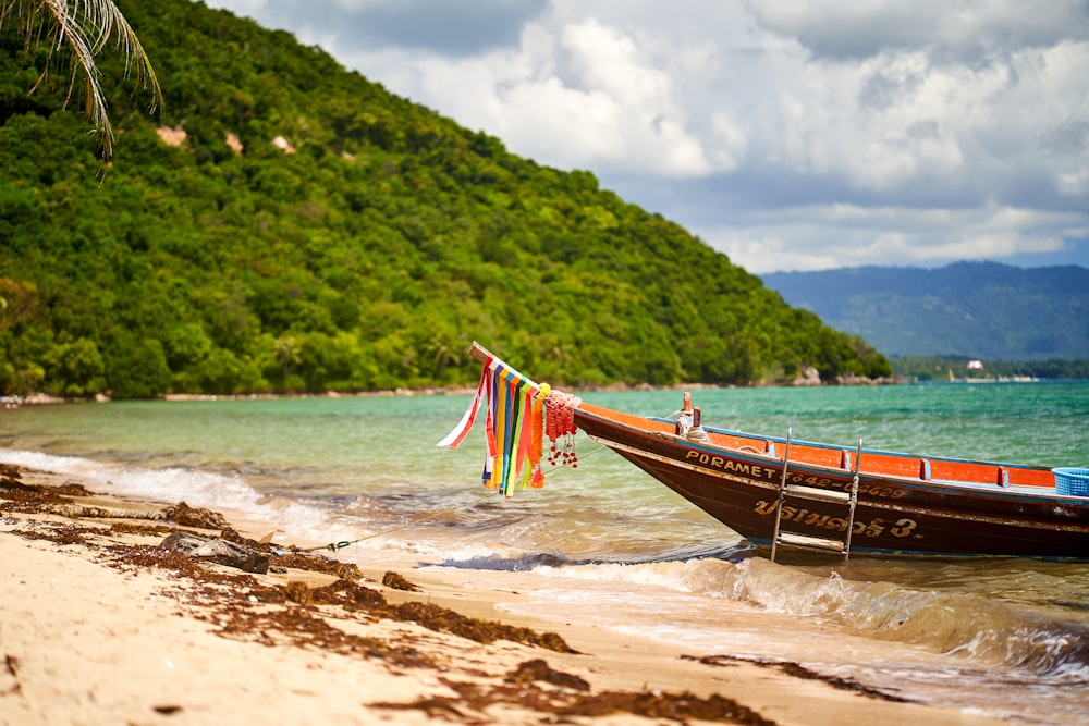 red and white boat on seashore during daytime