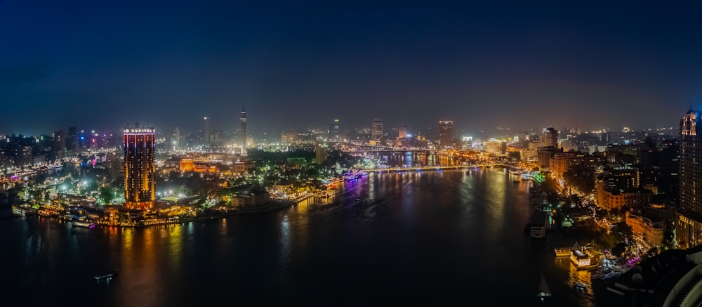 city skyline during night time