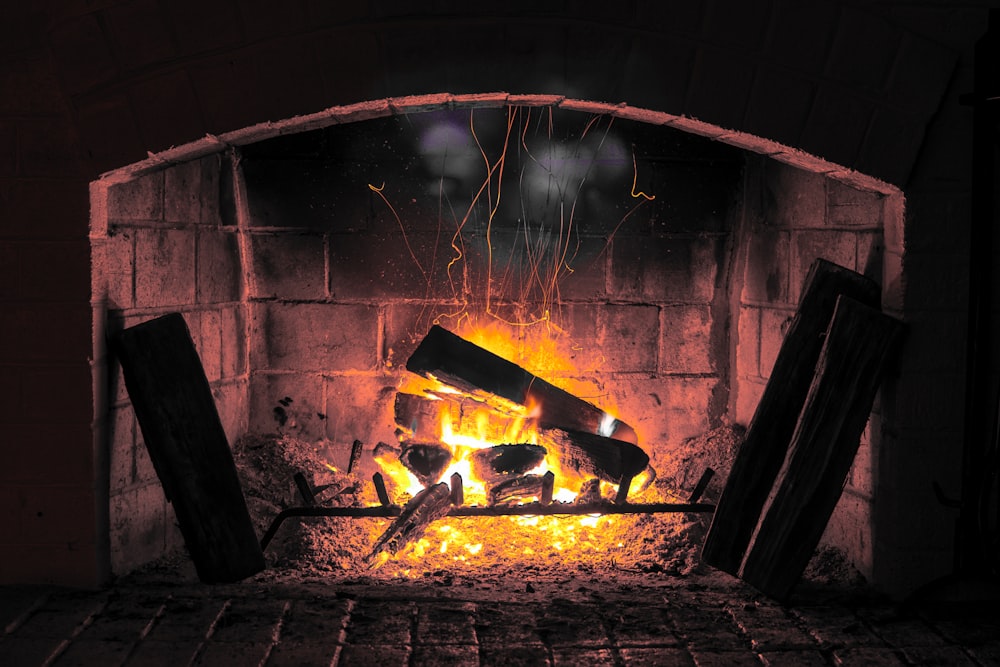 burning wood in a fire place