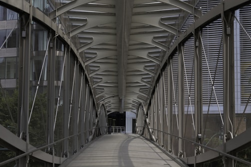 A modern pedestrian walkway supported by fiber reinforced polymer structural components.