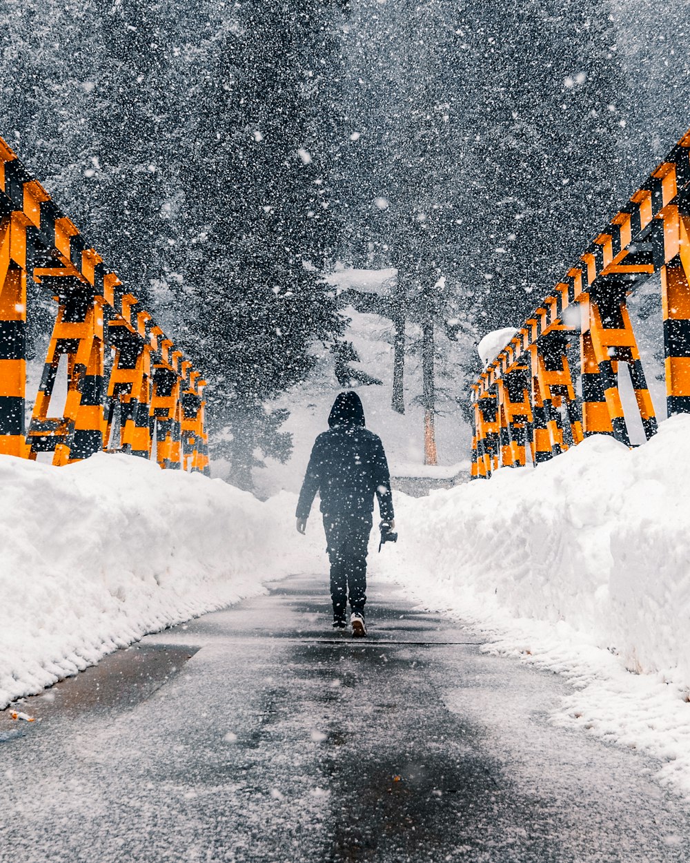 uomo in giacca nera che cammina sulla strada coperta di neve durante il giorno