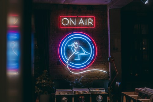 A dimly lit room features a bright, colorful neon sign on a brick wall. The sign displays a bird within blue, red, and white circular designs, above a rectangular 'ON AIR' sign. Beneath the signage, there are several vinyl records and a potted plant visible.
