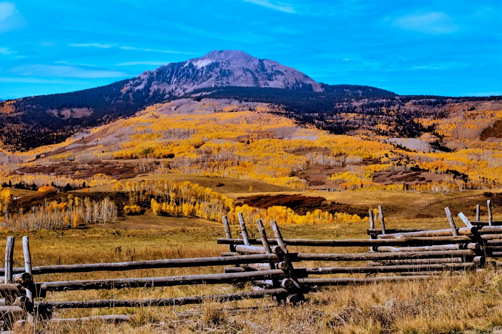 brown wooden fence on brown grass field near mountain under blue sky during daytime