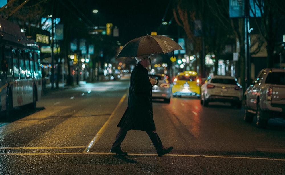 person in black coat holding umbrella walking on street during night time