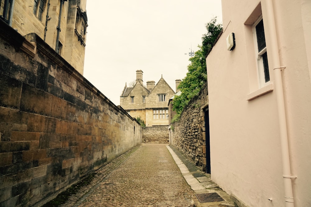 gray concrete pathway between brick walls