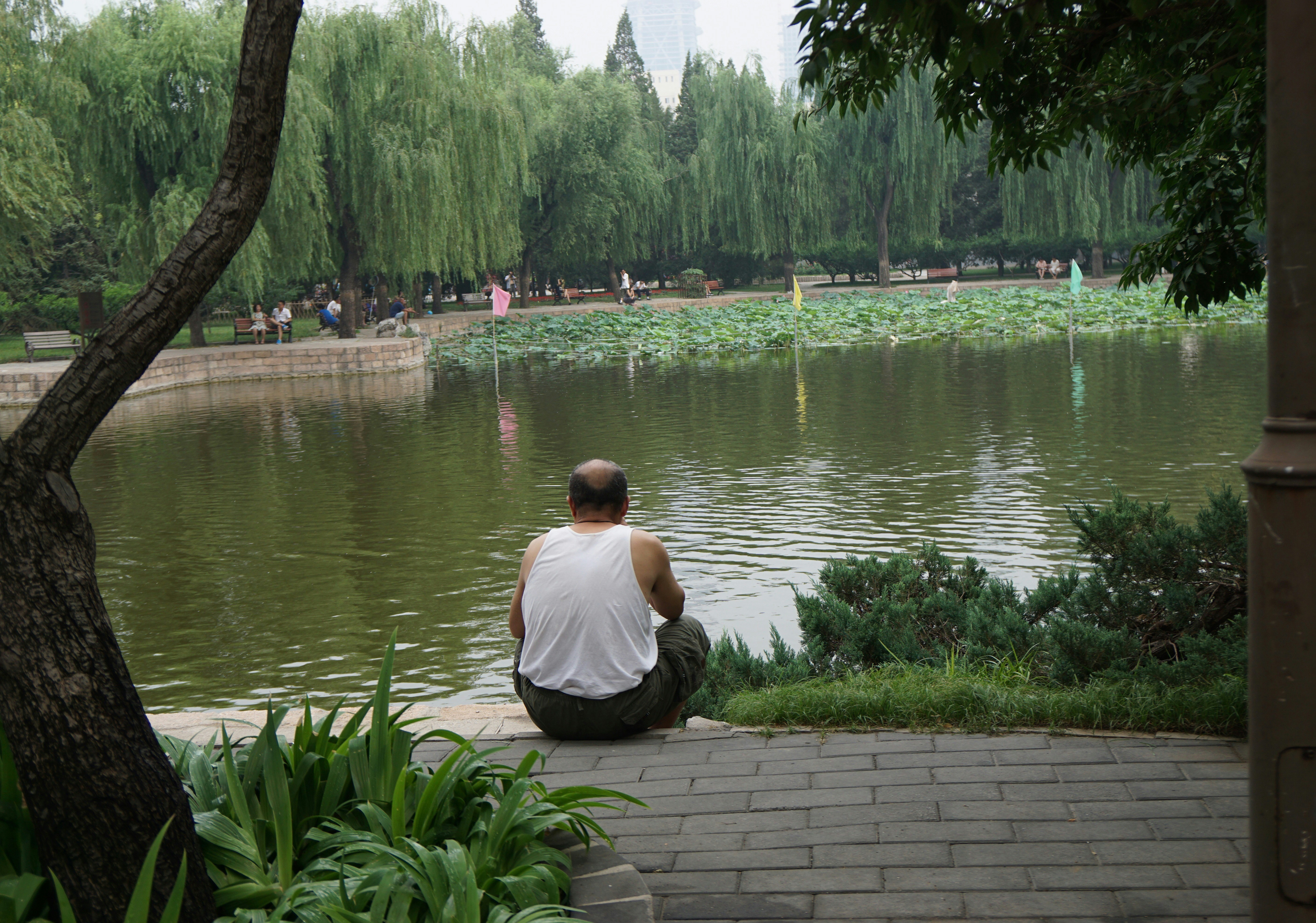 man in white shirt sitting on concrete pavement near lake during daytime